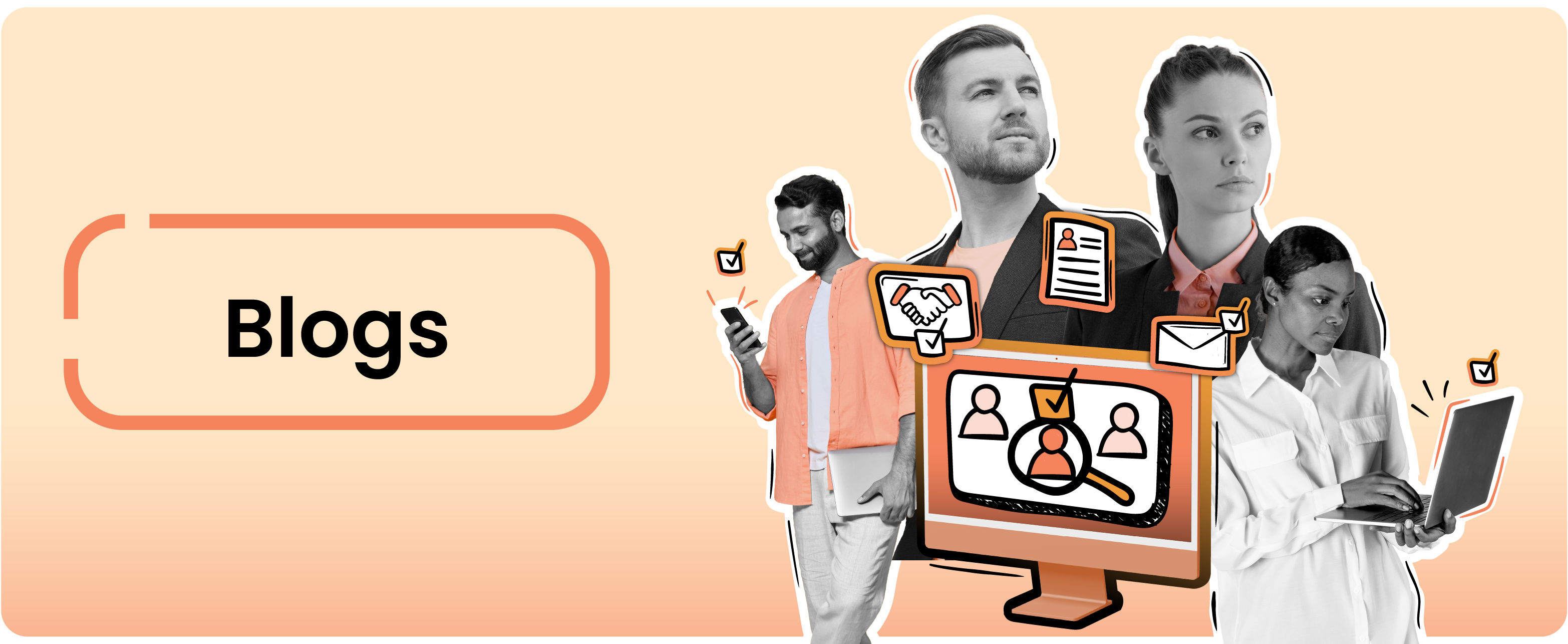 Banner with the word “Blogs” on the left and a group of professionals on the right using digital devices, surrounded by icons of resumes, email, checklists, and recruitment, symbolizing shared insights and freelance knowledge on a peach gradient background.