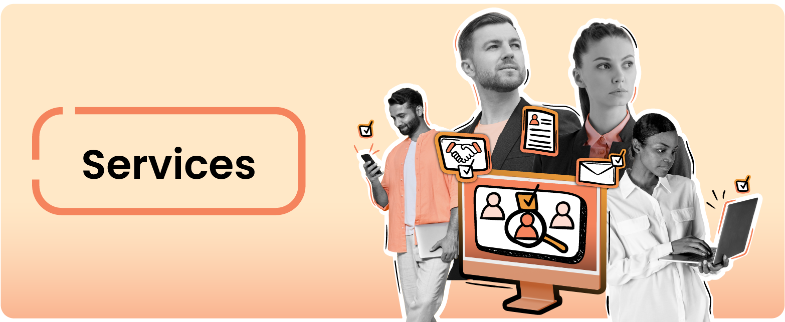 Banner with the word “Services” on the left and a group of diverse professionals on the right using digital tools, surrounded by icons of recruitment, communication, and task management, symbolizing freelance service offerings on a peach gradient background.