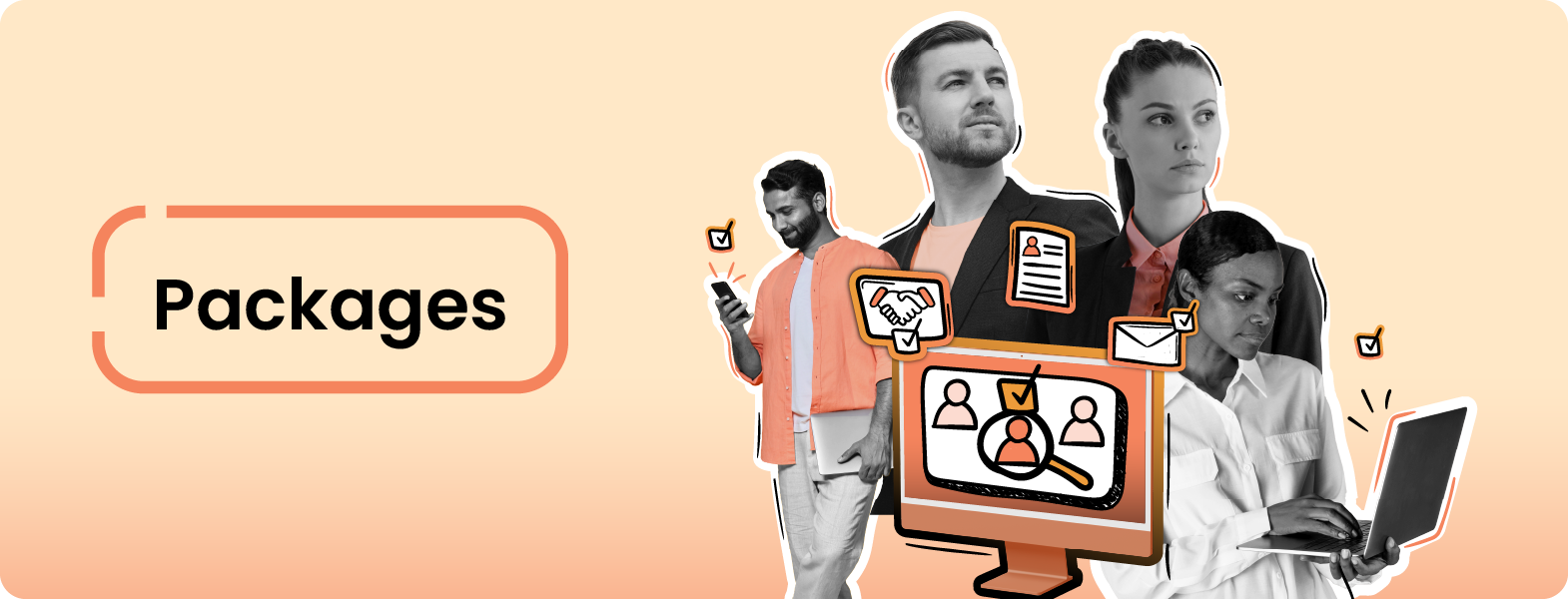 Banner with the word “Packages” on the left and a diverse group of professionals on the right using digital devices, surrounded by icons of hiring, communication, and checklists, representing flexible freelance service bundles on a peach gradient background.