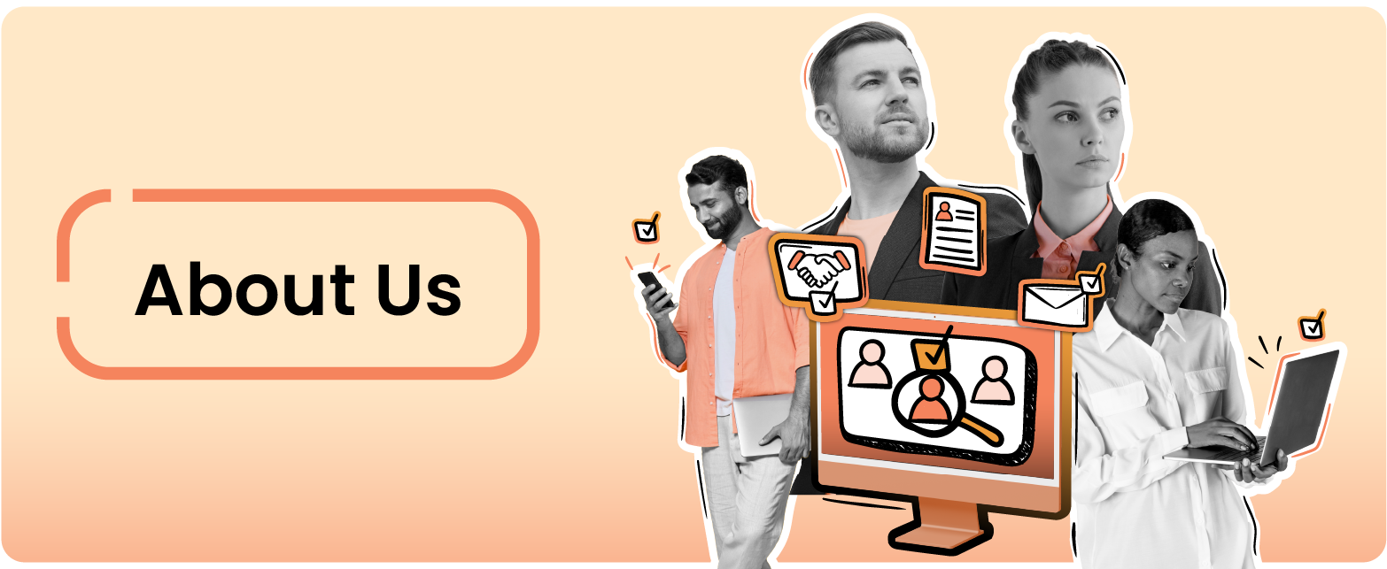 About Us banner with a diverse group of professionals using digital devices, surrounded by icons for recruitment, resumes, and email, on a soft peach background.