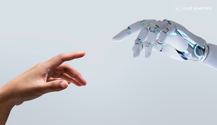 Human and robot hands reaching toward each other representing AI and human collaboration in marketing