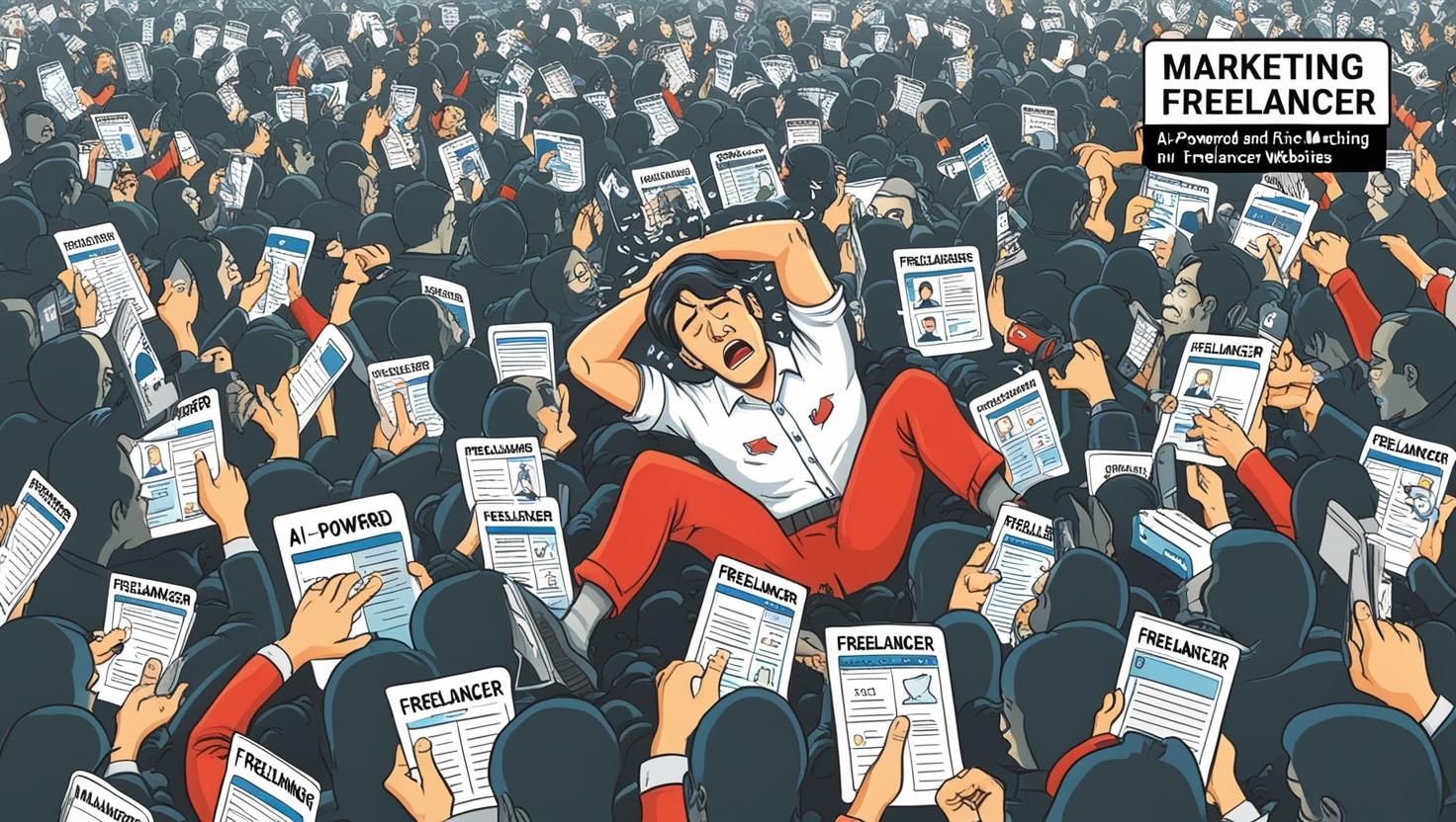 stressed marketer surrounded by hundreds of marketing freelancer profiles in a crowded marketplace