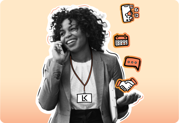 Smiling woman talking on the phone while holding a tablet, surrounded by icons of meetings, calendars, chat, and collaboration, symbolizing communication and professional networking on a peach gradient background.