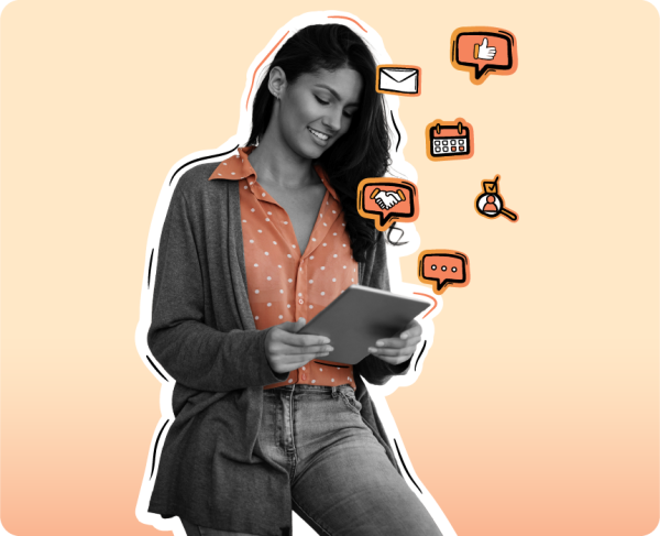 Smiling woman using a tablet, surrounded by icons of email, calendar, chat, handshake, and social engagement, symbolizing communication and digital connectivity on a peach gradient background.