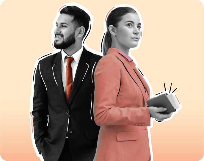 Confident man and woman in business attire standing back-to-back, the woman holding a closed notebook, symbolizing leadership and professionalism on a peach gradient background.