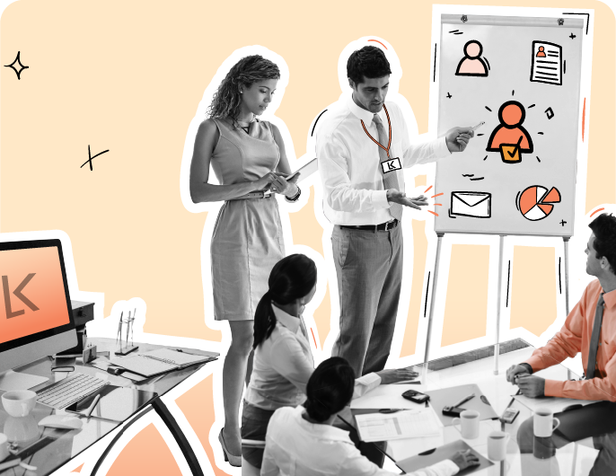 Team of professionals in a meeting room as one person presents using a flipchart with icons of user profiles, email, and data, symbolizing collaboration and strategy on a peach gradient background.