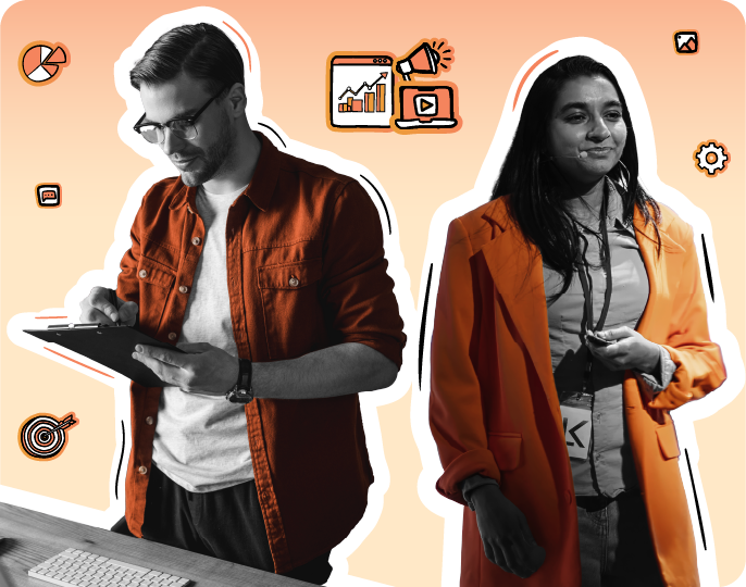 Man working on a tablet and woman speaking confidently on stage, surrounded by icons of marketing, analytics, and digital content, symbolizing creativity and leadership on a peach gradient background.