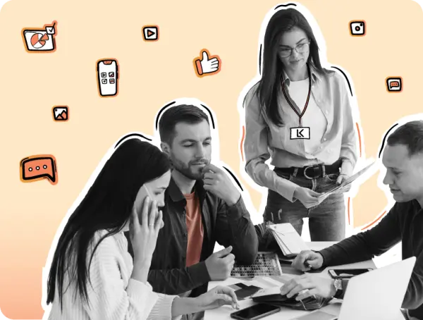 Group of professionals collaborating at a desk with laptops and phones, surrounded by icons of social media, chat, video, and engagement, symbolizing digital teamwork and content strategy on a peach gradient background.