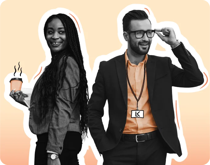 Smiling woman holding a coffee cup and man adjusting his glasses, both dressed in business attire, standing confidently against a peach gradient background.