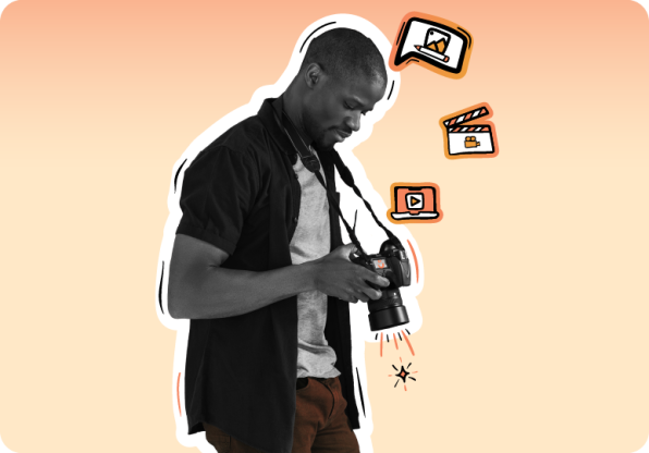 Man reviewing photos on a DSLR camera, surrounded by icons representing photography, video editing, and digital media on a peach gradient background.