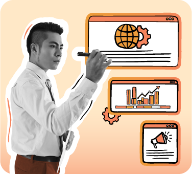 Man facing dual monitors displaying code, seated at a desk, with icons of a globe, target, and cloud symbolizing web development and digital strategy on a peach gradient background.