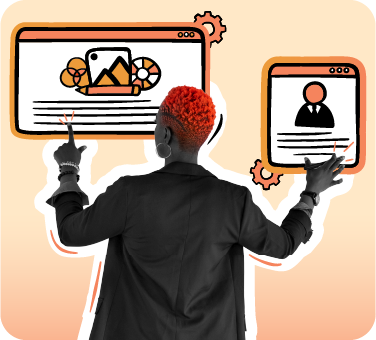 Woman holding papers and gesturing thoughtfully toward illustrated data, analytics, and settings icons, symbolizing strategy and insight on a peach gradient background.