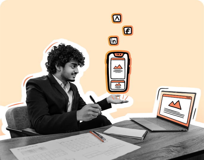 Man in a blazer multitasking on a smartphone and laptop, with icons of mobile content and social media platforms, symbolizing digital marketing on a peach gradient background.