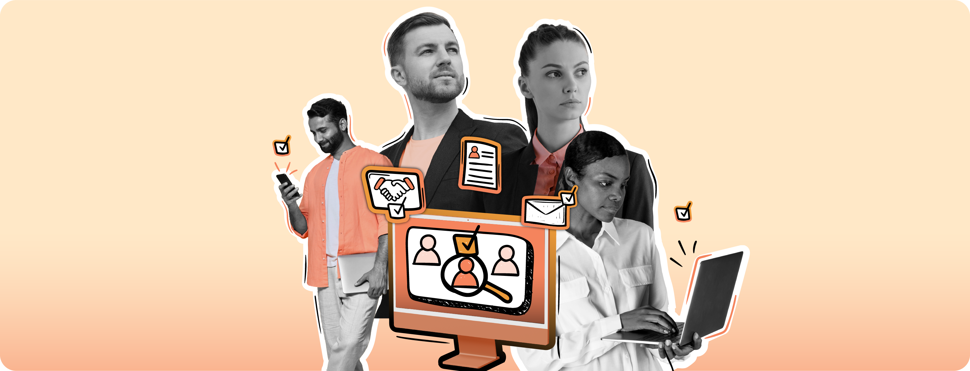 Banner image showing diverse professionals using digital tools, surrounded by icons representing recruitment, CVs, emails, and candidate selection highlighting modern hiring and freelance talent sourcing.