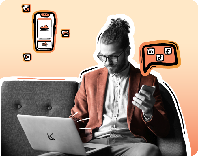 Man sitting on a sofa using a smartphone and laptop, surrounded by icons for social media platforms and mobile content creation on a peach gradient background.