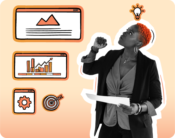 Woman holding papers and looking up thoughtfully, surrounded by data, analytics, and settings icons, symbolizing strategy and innovation on a peach gradient background.