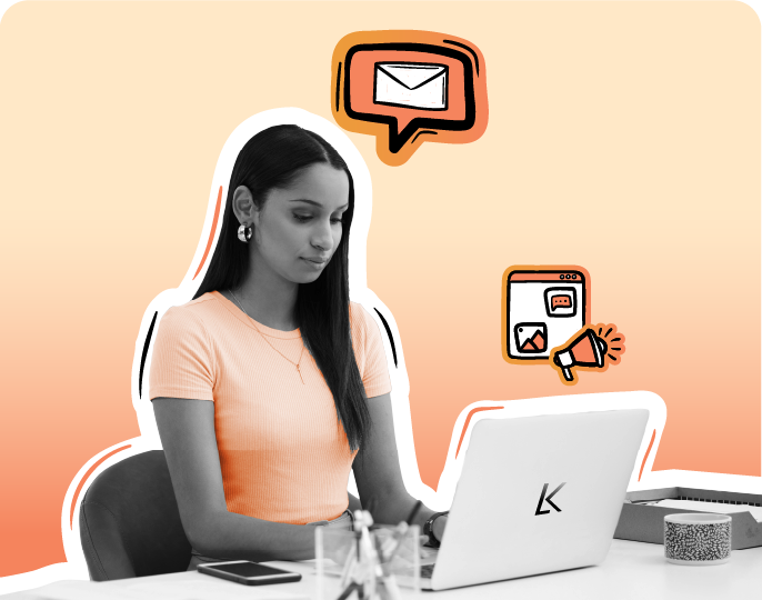 Woman working on a laptop at a desk, with illustrated icons of email, digital content, and marketing communication on a peach gradient background.