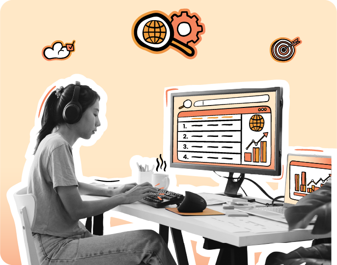 Woman wearing headphones working at a computer displaying analytics and search data, with icons representing SEO, cloud, and digital strategy on a peach gradient background.