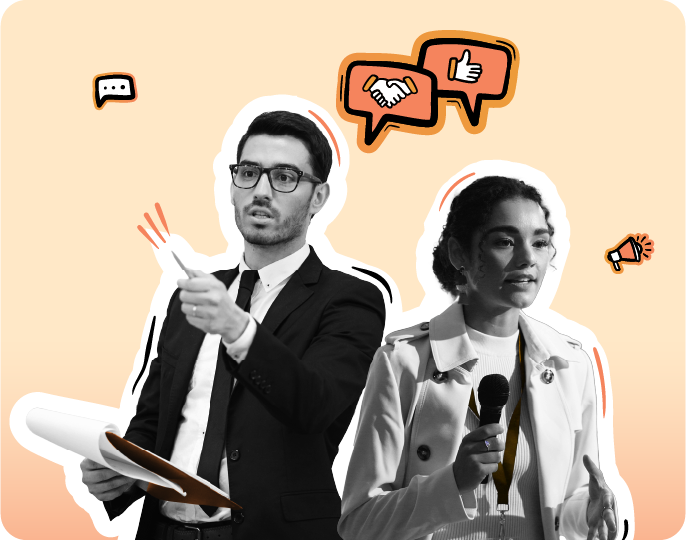 Man holding papers and woman speaking into a microphone, both presenting to an audience, with a megaphone icon above symbolizing communication on a peach gradient background.