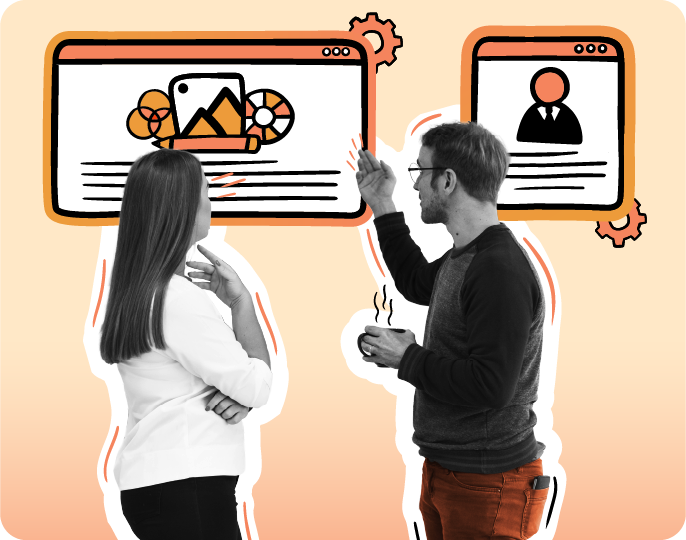 Man and woman discussing web content with illustrated browser windows showing profile and media graphics, symbolizing collaboration and digital design on a peach gradient background.