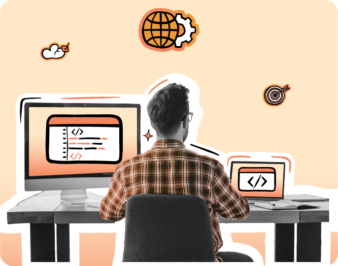 Person working at a dual-screen computer setup with coding interfaces displayed, viewed from behind, in a digitally stylized workspace with icons representing the internet, cloud computing, and target goals on a peach-coloured background.