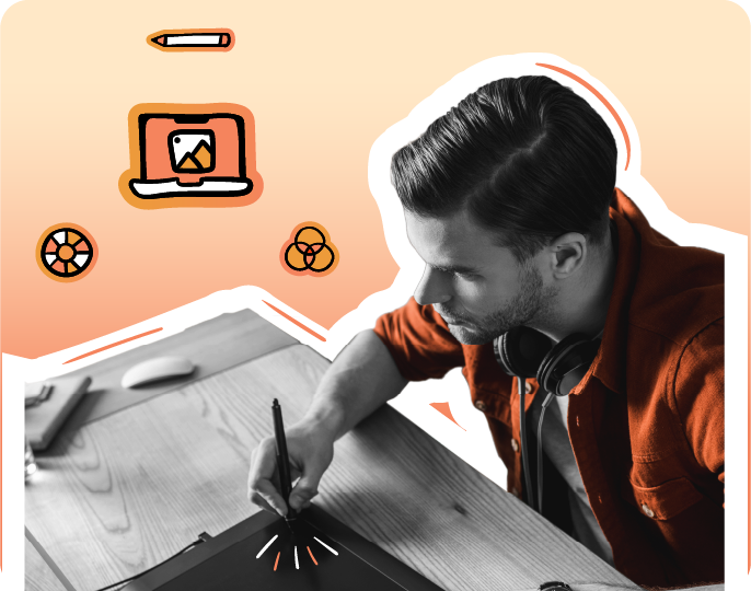 Man using a digital drawing tablet at a desk, surrounded by illustrated icons of design tools and creative software, symbolizing graphic design on a peach gradient background.